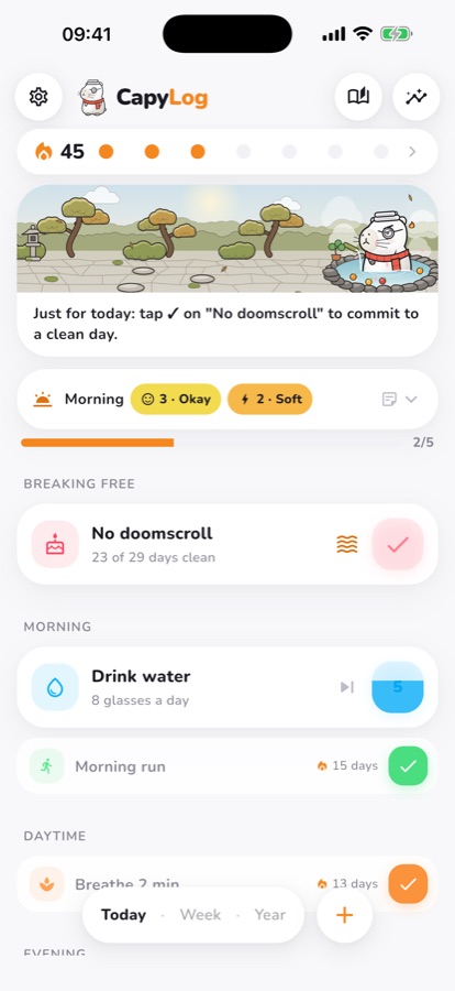 CapyLog Today screen